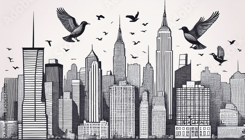new york city hand drawn black and white cityscape with birds