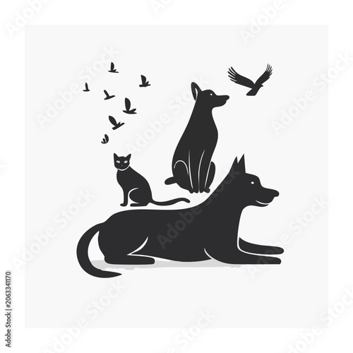 Minimalist Silhouette of Dog, Cat, and Birds