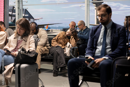 Tableau sur toile Bored men and women sitting on chairs inside busy airport lounge, waiting for plane to takeoff