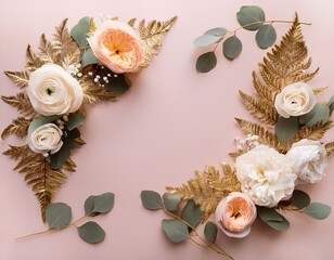 stylish wedding invite invitation card design bouquet frame border of blush peach ivory rose flowers white anemone lush fall eucalyptus golden fern leaves on tender dusty pink background