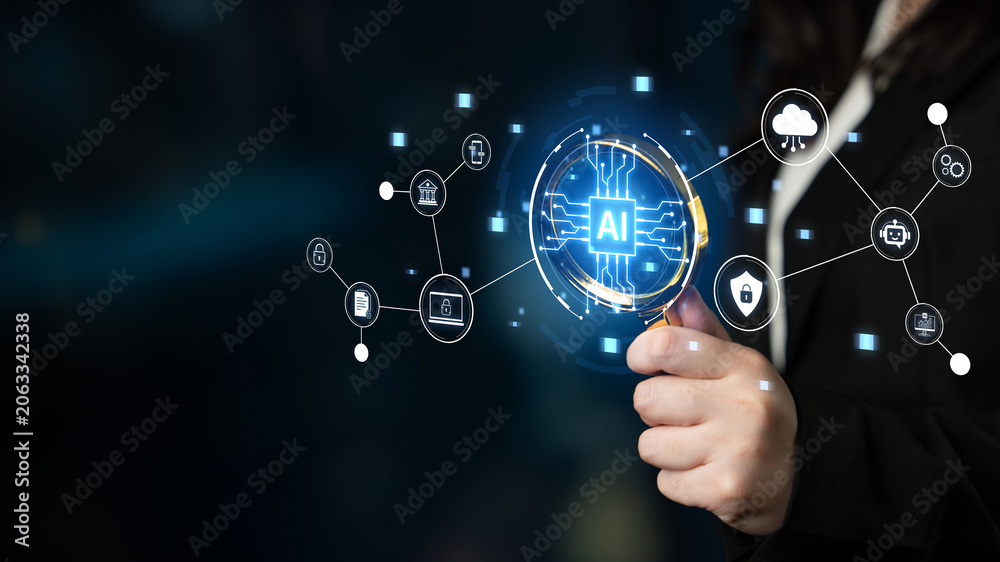 Fototapeta premium Connected AI platform links cloud services, security, finance and mobile workflows, enabling automation, data analytics and governance for modern digital business. Corpus