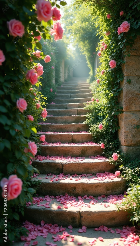 Naklejka premium Stone stpic covered in pink rose petals lead upwards towards sunlight. Rich green foliage and climbing pink roses frame path, creating romantic garden scene. This tranquil setting invites ascent.
