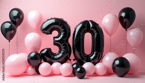 Large black balloons form number 30 for thirtieth birthday party. Pink and black balloons arranged on pastel background celebrate milestone event. Festive decoration for adult anniversary.