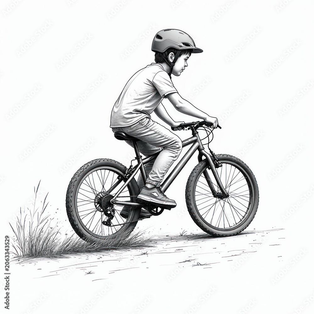 Naklejka premium Young boy in helmet rides bicycle outdoors on grassy terrain. Child enjoys cycling adventure on bike, moving on path. Kid wears casual clothes, focused on road.
