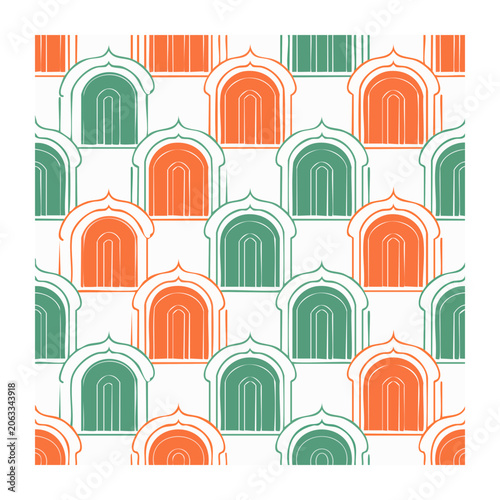 Seamless Geometric Arch Pattern in Orange and Green