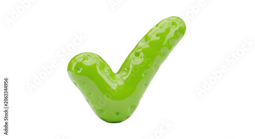Shiny green checkmark with water droplets