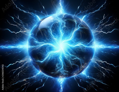 blue energy orb radiating lightning bolts on a solid black background