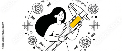 Foto Female engineer holding vernier caliper measuring mechanical components surrounded by technical blueprint drawings, highlighting precision quality control, industrial design, and STEM concept project