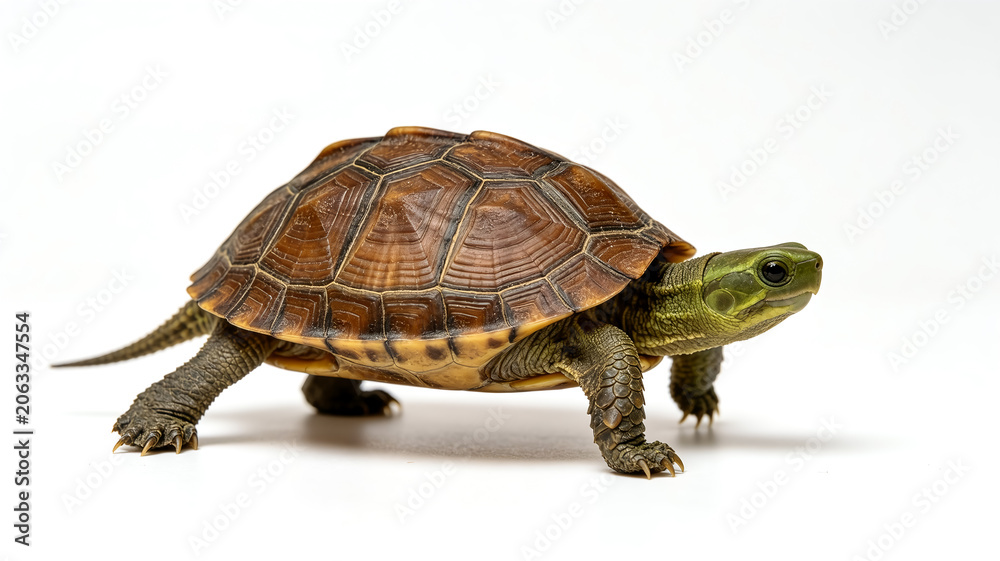 Fototapeta premium Small turtle walking isolated on a solid white background.