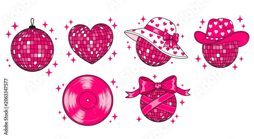 Bild auf Leinwand Retro Disco Icons, Pink Disco Ball, Heart, Hat, Record, Bow, Funky Party Element