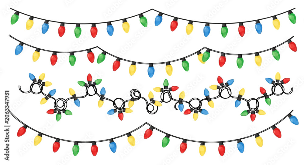 Obraz premium Colorful Christmas lights, festive string lights, holiday decorations, vector illustration