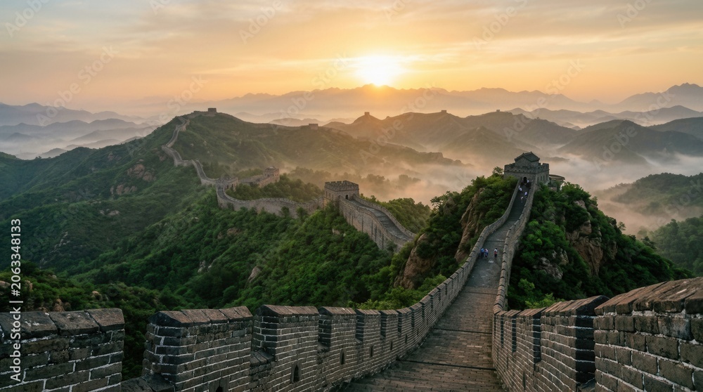 Fototapeta premium Sunrise Over the Great Wall of China, a Majestic Ancient Wonder.