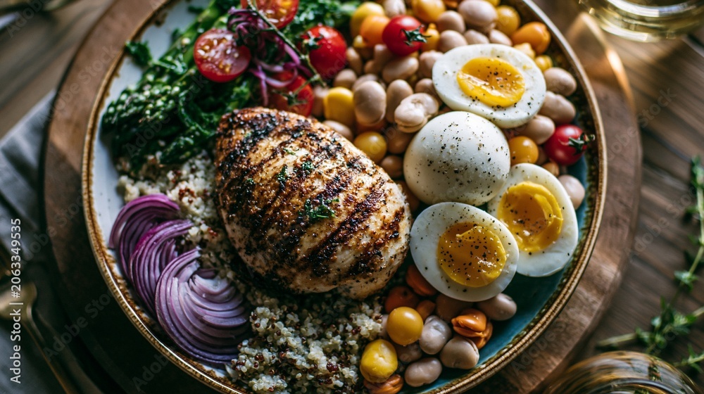© Justlight - Overhead view of grilled chicken, eggs, quinoa, beans, and vibrant vegetables on a ceramic plate, kitchen table setting, fresh and wholesome mood, natural window light, balanced flat-lay composition. © Justlight - Overhead view of grilled chicken, eggs, quinoa, beans, and vibrant vegetables on a ceramic plate, kitchen table setting, fresh and wholesome mood, natural window light, balanced flat-lay composition.