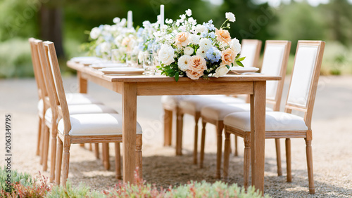 Beautifully set outdoor dining table for a wedding reception with floral centerpiece