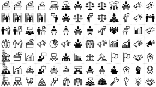Politics and election icon set including voting, public speaking, protest, democracy, and government symbols. Vector flat line illustration.