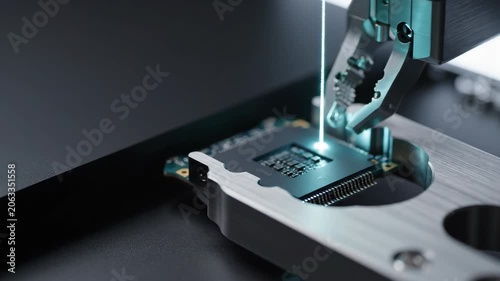 Robotic claw scanning a computer central processing unit with a blue laser. Automated electronics assembly line and precision manufacturing of hardware components