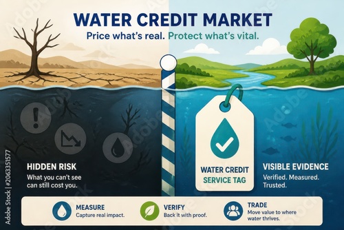 Water credit market infographic with drought and sustainable water trade concept