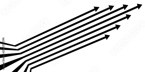 Photos Seven parallel arrows converging into a sharp pointed cluster on a white background, formed from solid black negative-space vector shapes with individual chevron tips