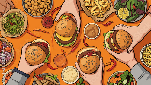 Top-down illustration of hands sharing a delicious spread of burgers, fries, and salads. Capturing the vibrant, casual atmosphere of communal dining