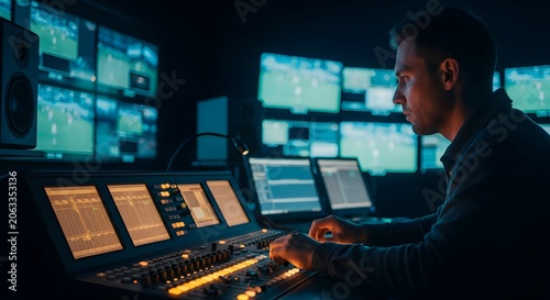 Man operating a control console in a dark room