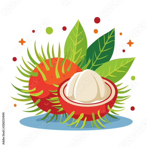 Illustration of Rambutan Fruit with Leaves