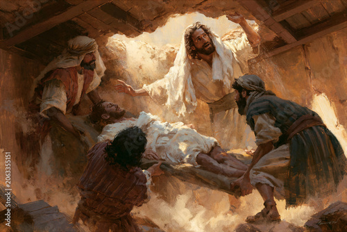 Four men lowering their paralyzed friend on a mat through a hole dug in a clay roof, Jesus looking up, dusty room