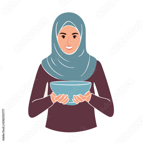 Woman in hijab holding a blue bowl, flat illustration