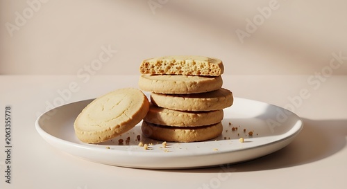 A stack of homemade butter cookies served on a white plate with one cookie broken in half to show the texture against a soft minimal beige background