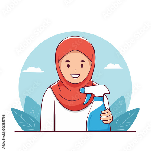 Woman in hijab holding spray bottle illustration