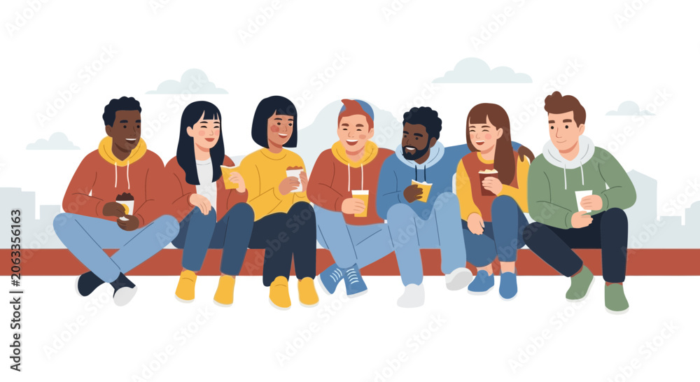 Fototapeta premium A diverse group of youth sitting together in friendship on a bench outdoors