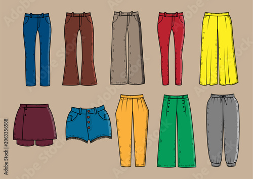 Women's Pants Collection Vector Illustration Set