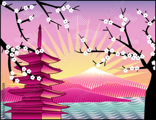 Cartoon Japanese Pagoda and Mount Fuji Landscape Vector Illustration