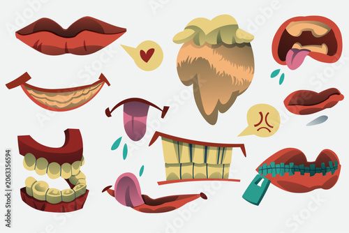 Cartoon Mouth Expressions Vector Set Funny Lips Teeth Tongue and Emotion Icons