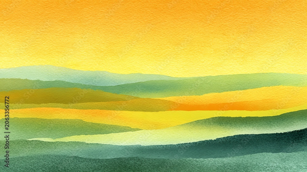 Fototapeta premium Abstract watercolor painting featuring vibrant rolling hills in shades of yellow green and orange with a soft textured paper finish