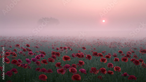 Red Poppies in Misty Field at Sunrise