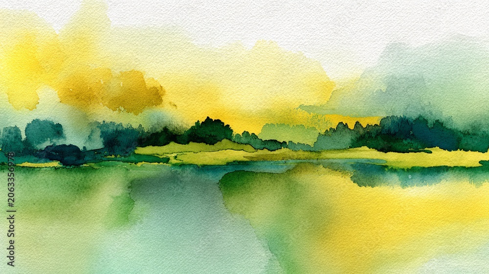 Fototapeta premium Abstract watercolor landscape painting featuring vibrant yellow and green washes with soft textures on textured white artistic heavy cotton paper