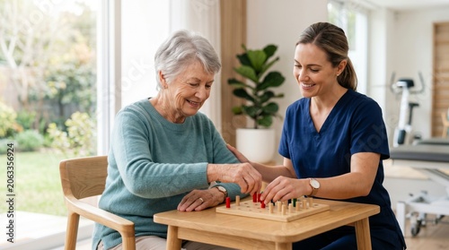Woman physical therapist assisting senior woman with cognitive therapy game. Occupational therapy for brain health and motor skills. Medical rehabilitation for elderly in care facility.
