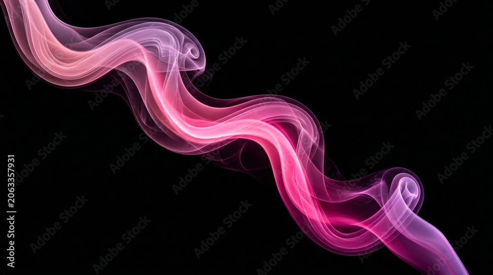 Obraz premium Elegant pink wavy smoke trail isolated on black background with abstract background artistic backdrop atmosphere movement ethereal creative particle radiance