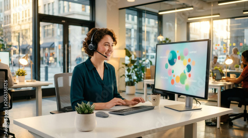 A smiling customer support agent with a headset working at a clean minimalist white desk, looking at a screen with abstract colorful blurred customer journey bubbles, welcoming corporate atmosphere