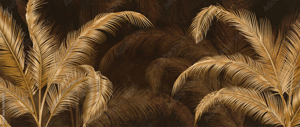 Fototapeta premium Luxury botanical background with tropical leaves in gold. Premium botanical banner for decor, wallpaper, textiles, packaging, and interiors.