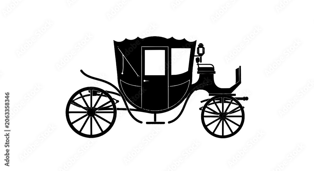 Naklejka premium Minimal black silhouette icon, simple flat vector, bold black shape, no, no shading silhouette of a vintage horsedrawn carriage on a, flat icon style