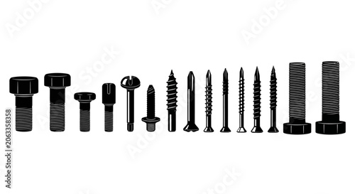 Fotografi Black screws, bolts, and fasteners set, industrial hardware tools, metallic fixi