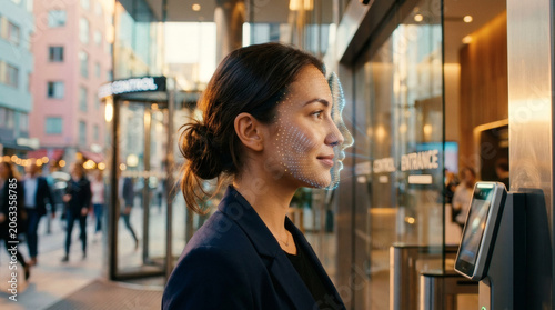 A close-up of a person facial profile being scanned by a subtle, clean abstract mesh of glowing digital light points, sleek modern corporate security entrance background, futuristic access control