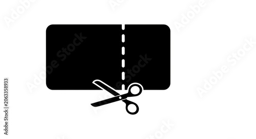 Scissors cutting a perforated coupon or ticket with a dashed line.