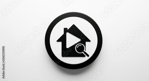 Search icon with house and play button inside a circle on a white background.
