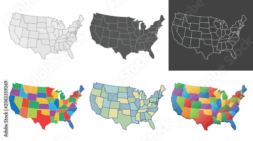 Fotografie USA Map Collection: Outline, States, Colors, Grayscale, Dark Background