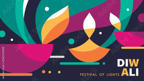 Foto Happy Diwali Hindu festival modern design with diya oil lamps and colorful background