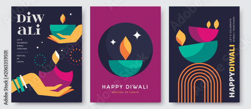 Cuadro en lienzo Set of happy Diwali Hindu festival modern design with hands holding diya, oil lamps and typography