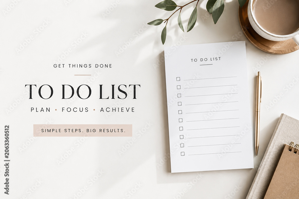 Fototapeta premium minimalist workspace featuring a TO DO LIST notepad, a pen, and coffee. The aesthetic is clean and bright, with eucalyptus leaves. goal concepts