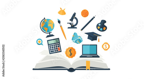 Photos Education icons on open book.